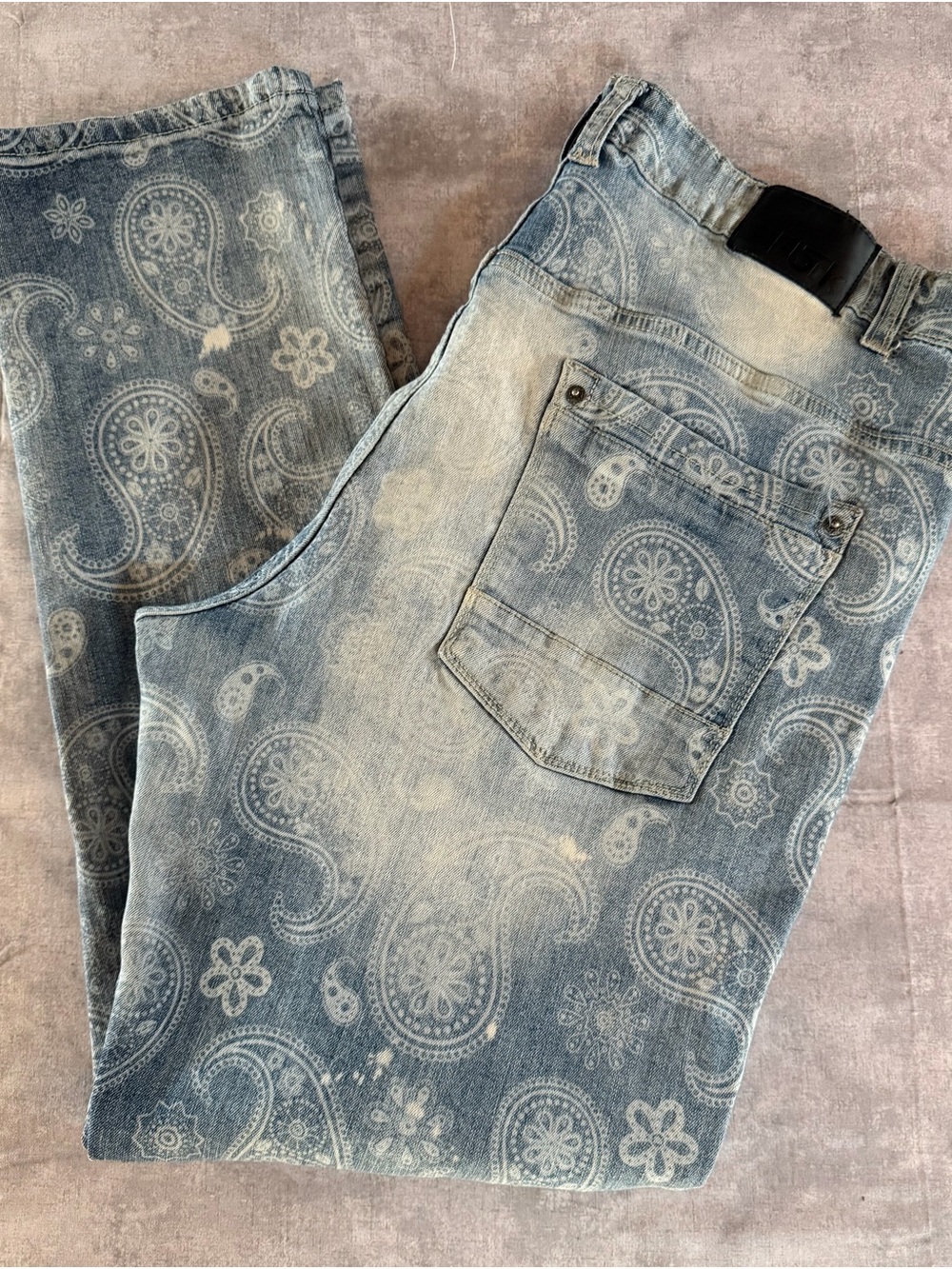 Fbrk Men's 40x32 Bandana Blue Light Wash Paisley Distressed Stretch Jeans Fashio